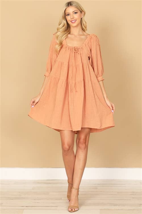 Square Neck Puff Sleeve Solid Babydoll Dress