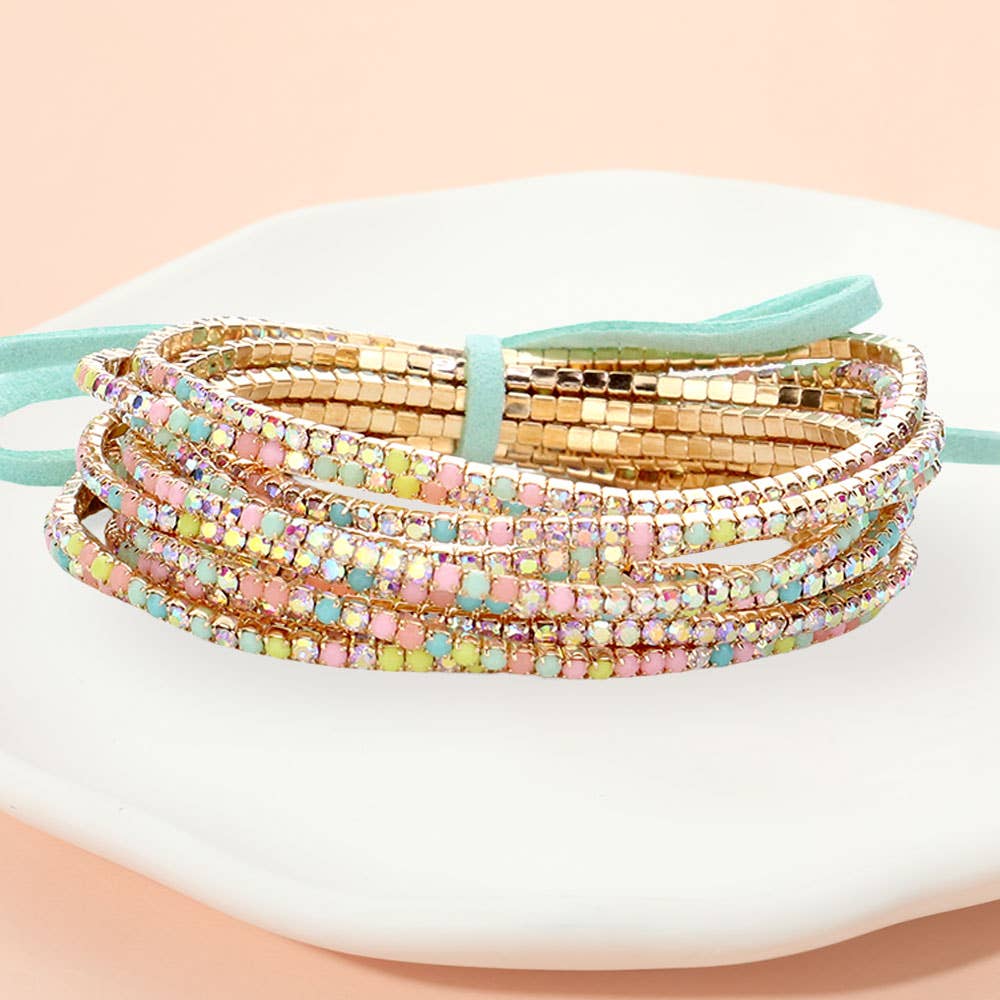 12PCS - Ribbon Pearl Rhinestone Layered Stretch Bracelets