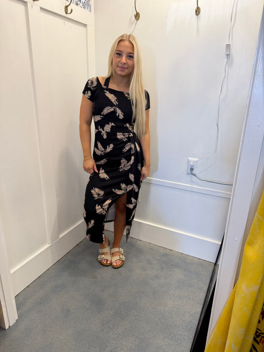 Pattern Print Off Shoulder Slit Bodycon Midi Dress