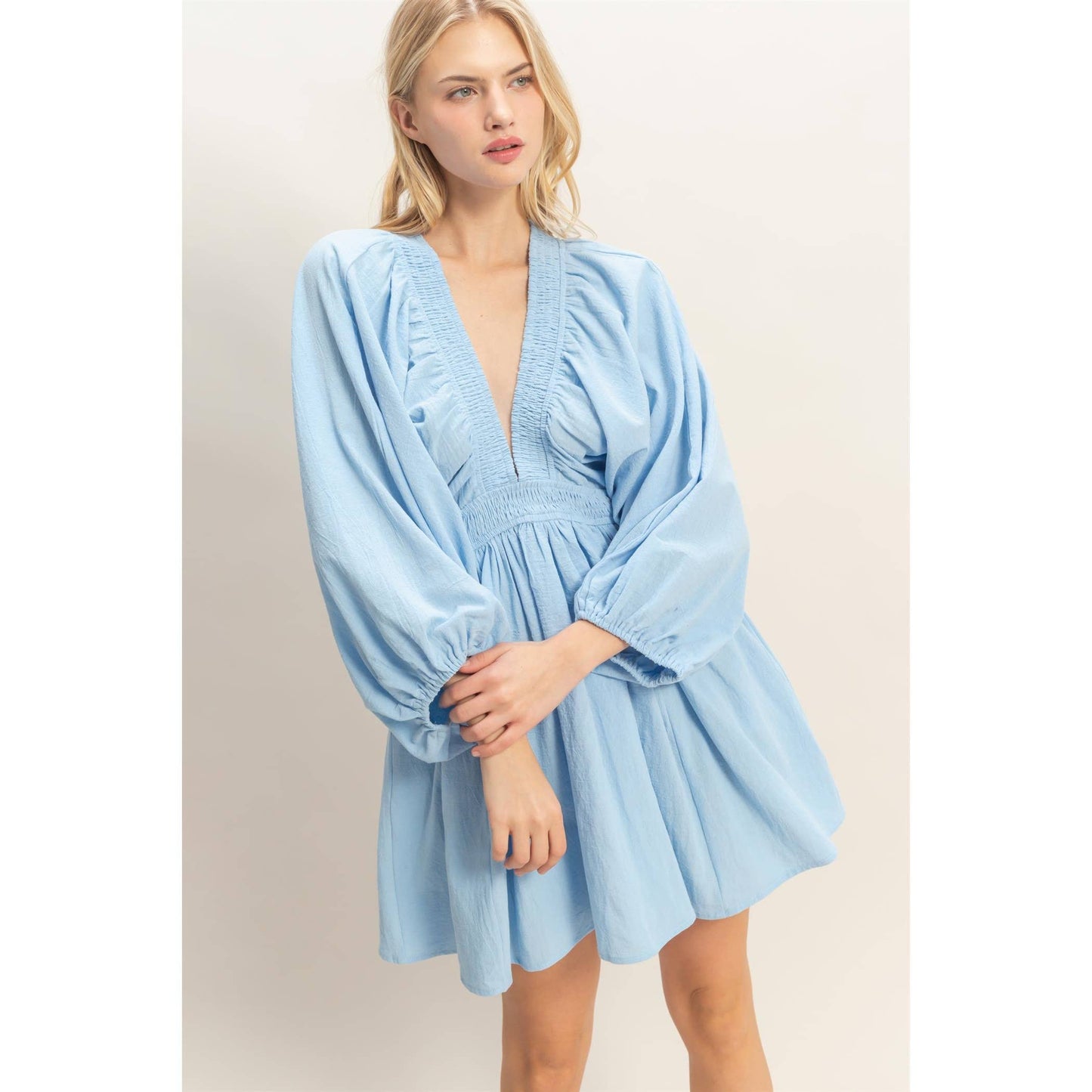 Deep V-Neck Bishop Sleeve Dress