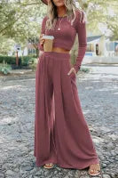 Solid Color Ribbed Crop Top Long Pants Set (Sold as Separates)