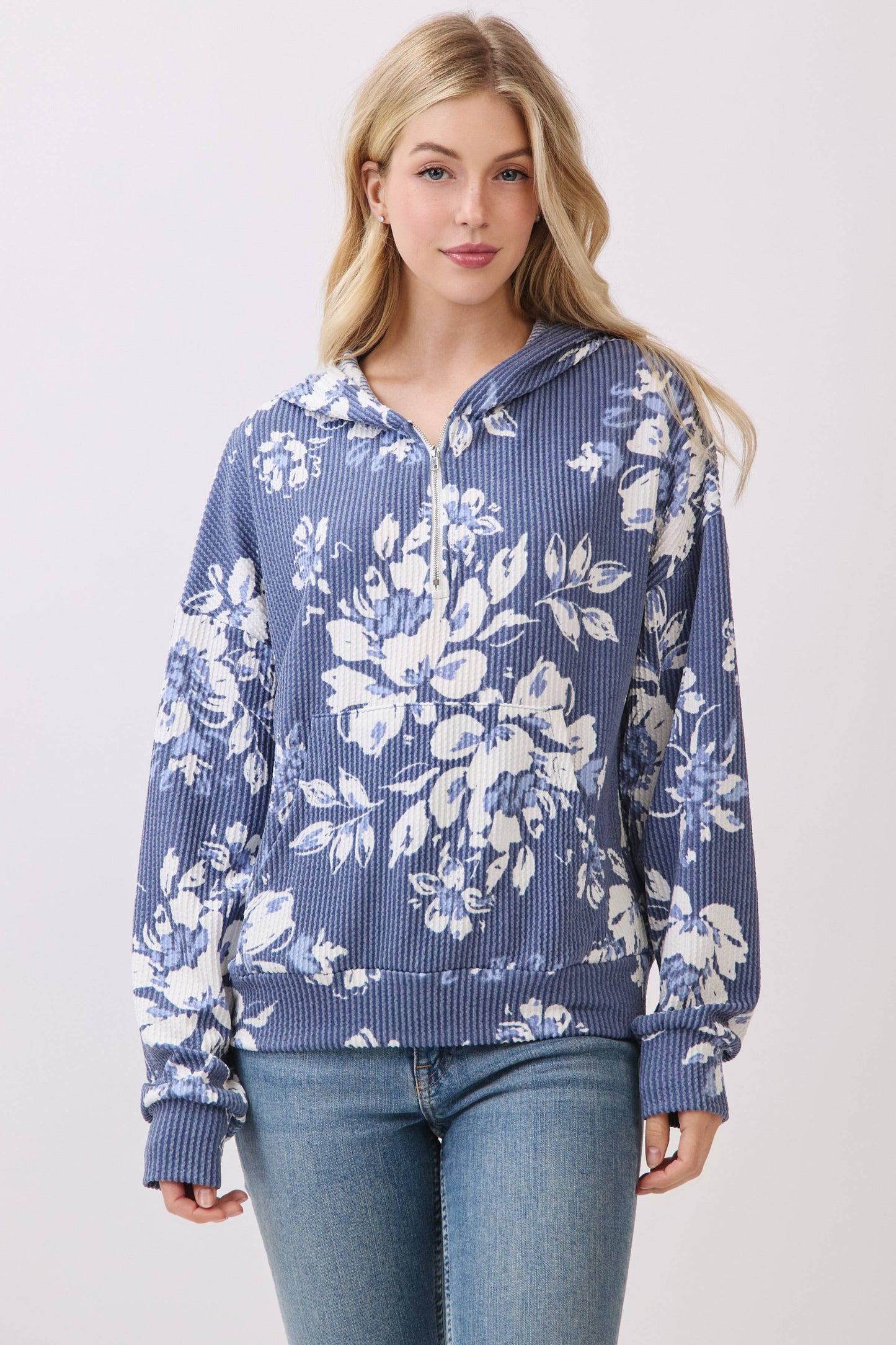 Floral Print Rib Knit Hoodie