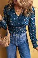 Trim V Neck Floral Smocked Long Sleeve Blouse