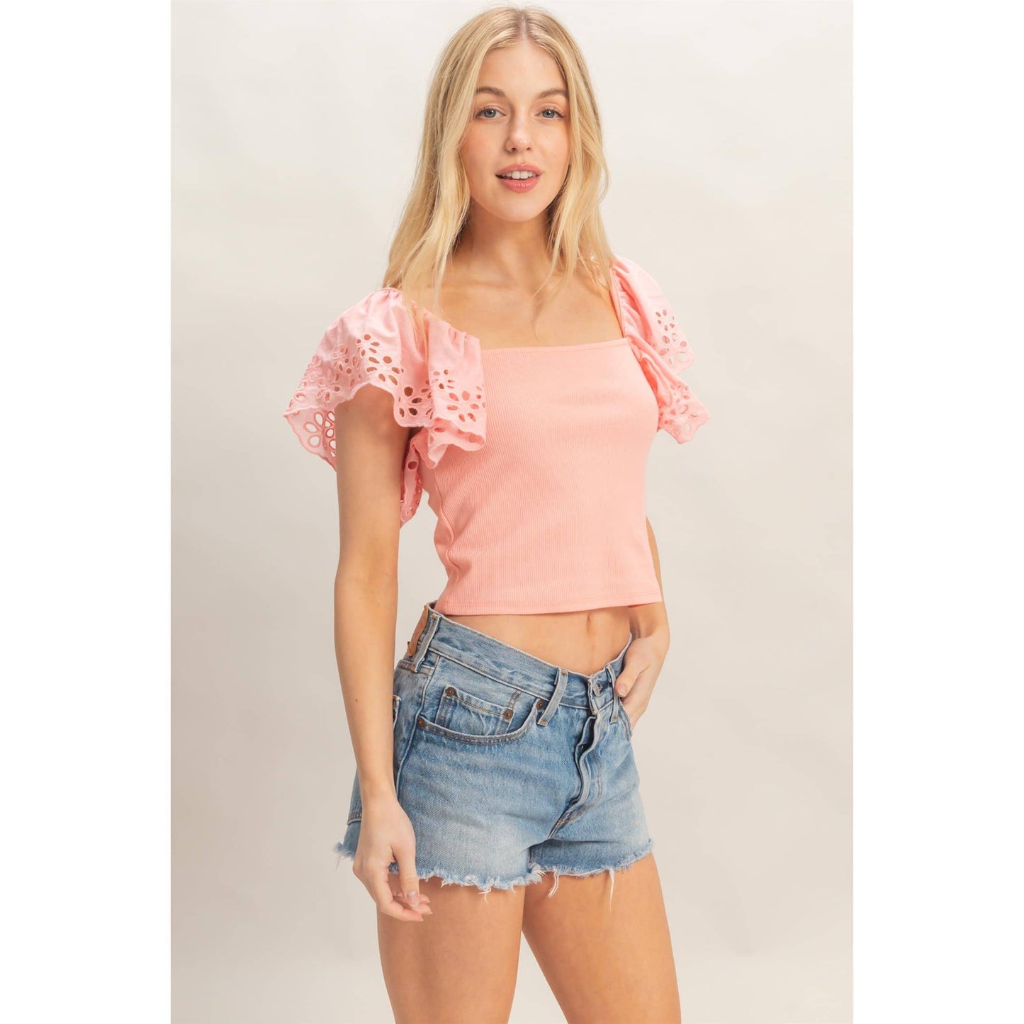 Square Neck Eyelet Sleeve Top
