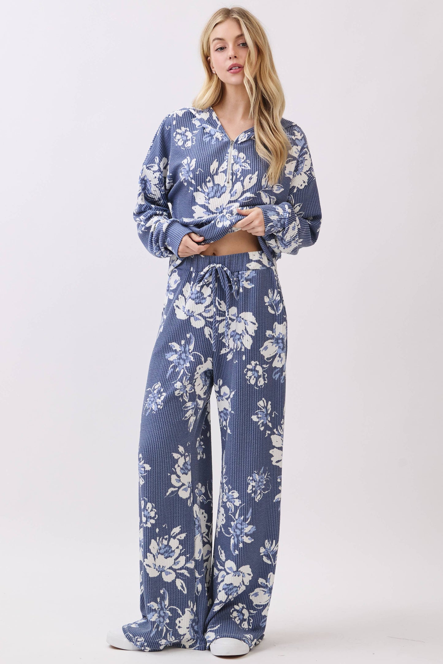 Floral Print Rib Knit Wide-Leg Pants