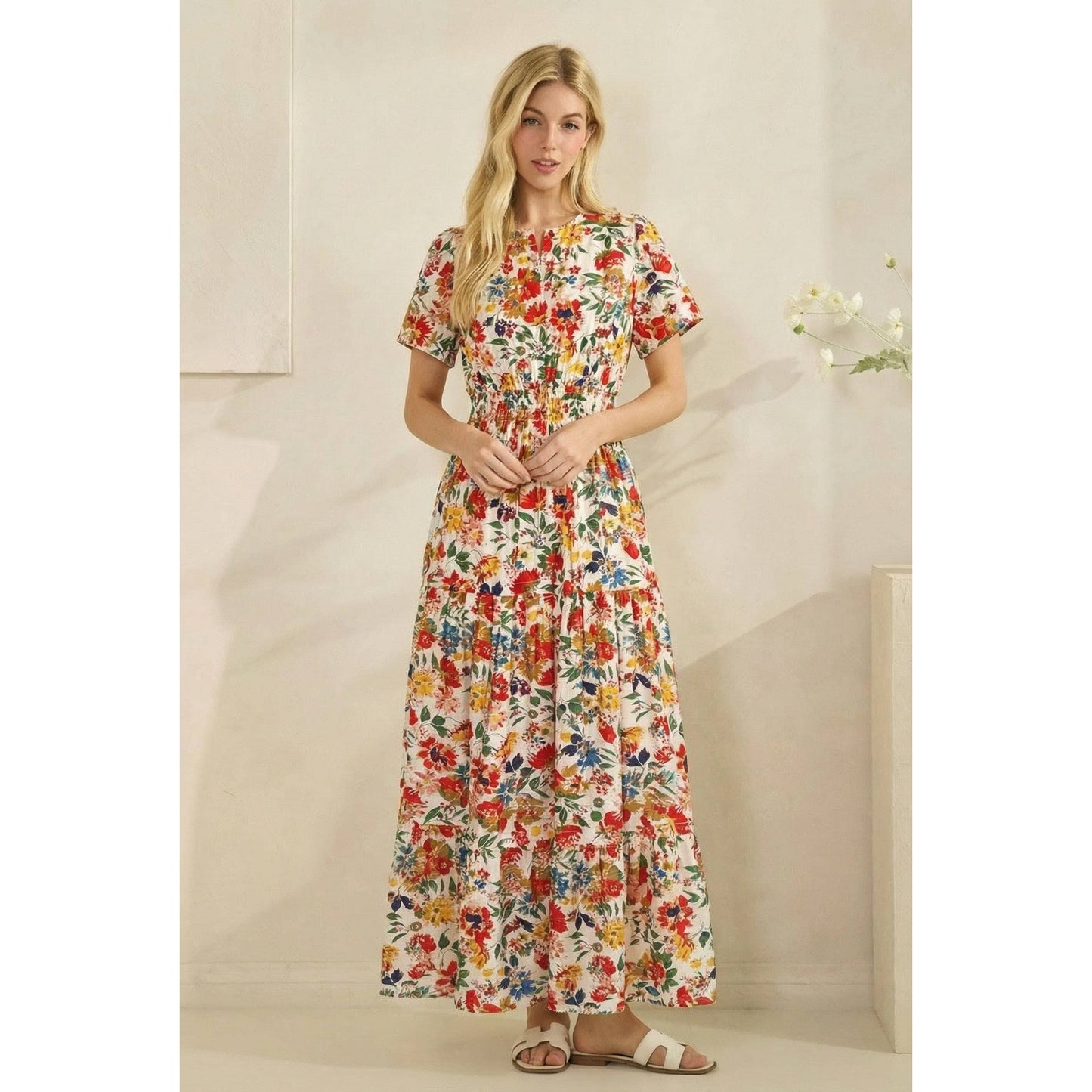 Floral Printed Smocked Short Sleeve Maxi Dress