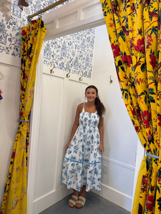 Floral Print Shirred Knot Shoulder Sleeveless Long Dress