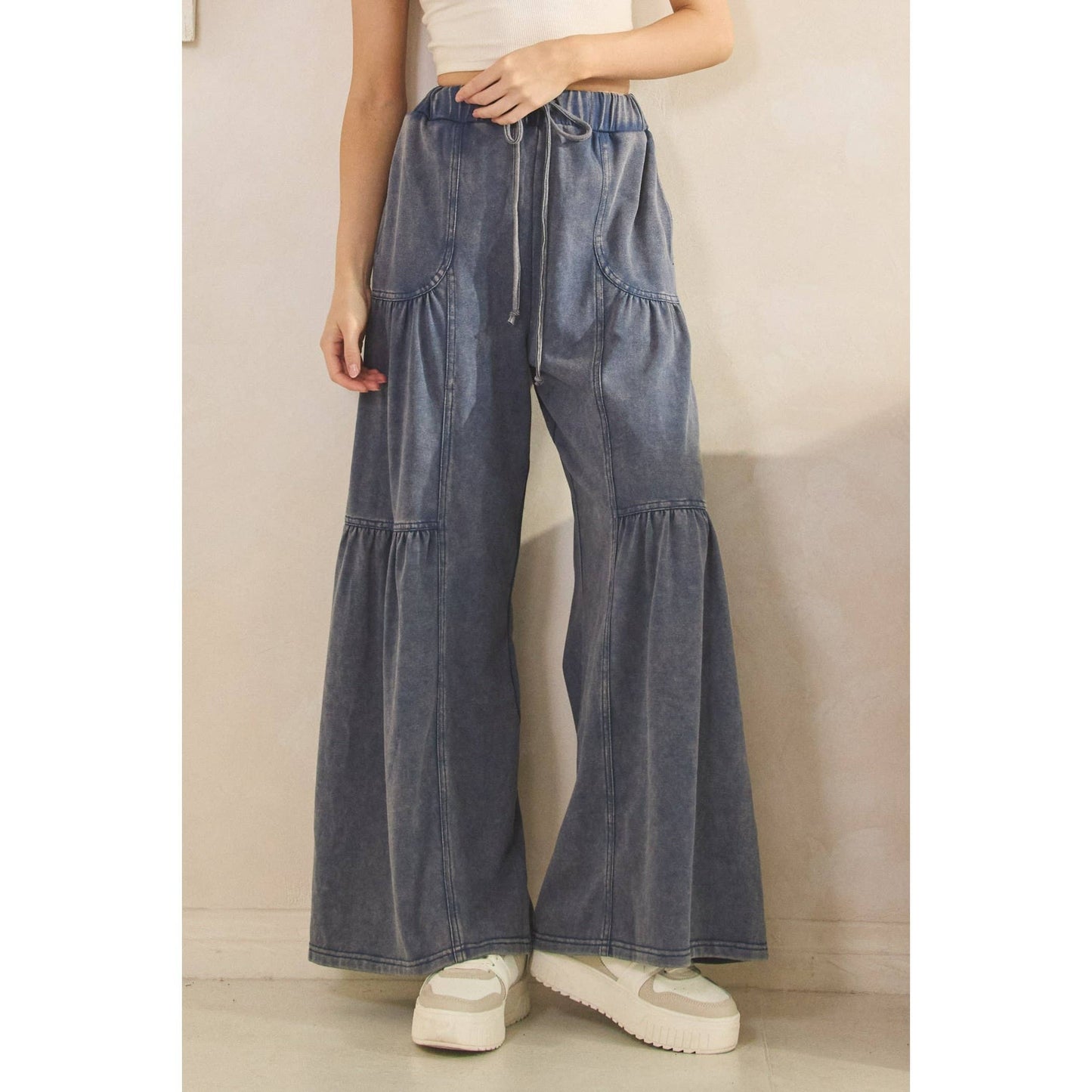 WASHED TIERED WIDE-LEG DRAWSTRING PANTS