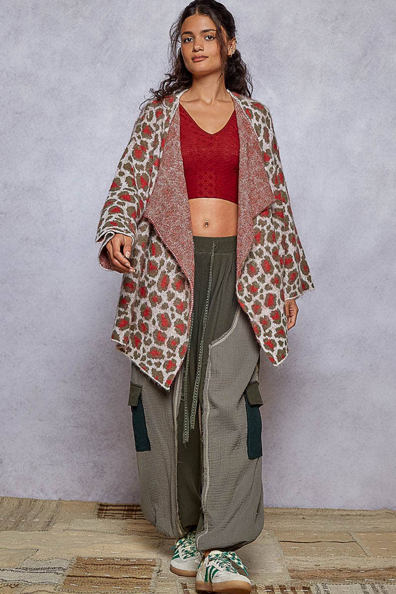 Leopard Pattern Mohair Sweater Open Cardigan Top