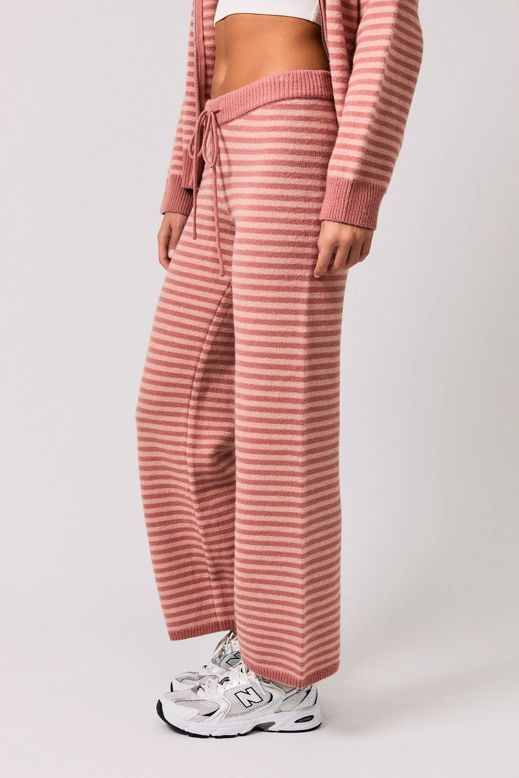 Striped Mid Rise Drawstring Sweater Wide Leg Pants
