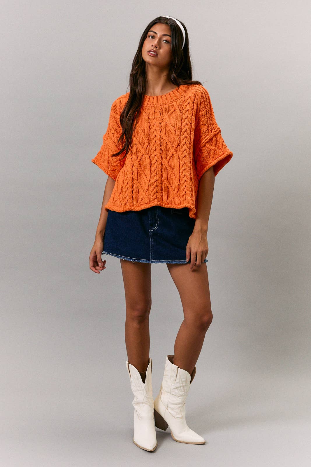 ROUND NECK SHORT SLEEVE KNIT SWEATER TOP