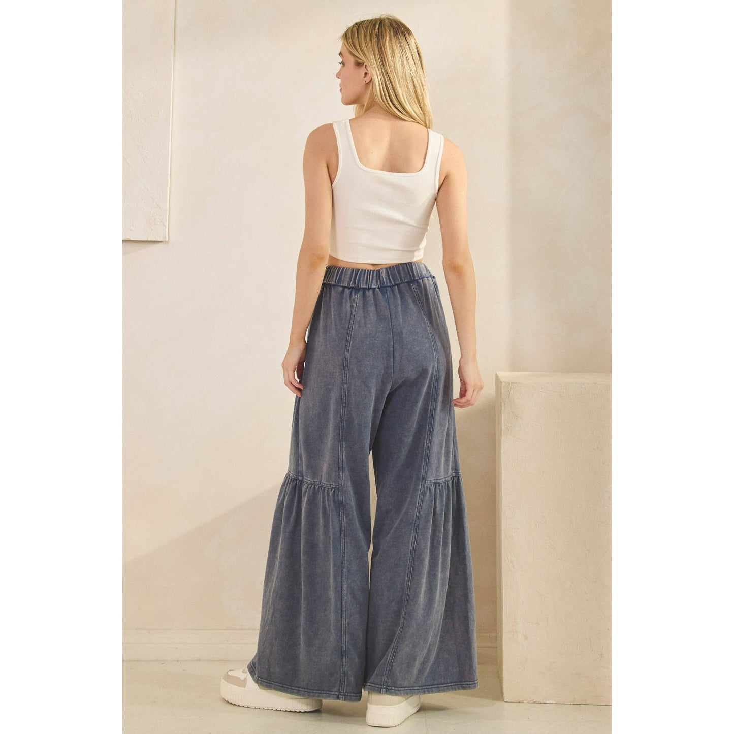 WASHED TIERED WIDE-LEG DRAWSTRING PANTS