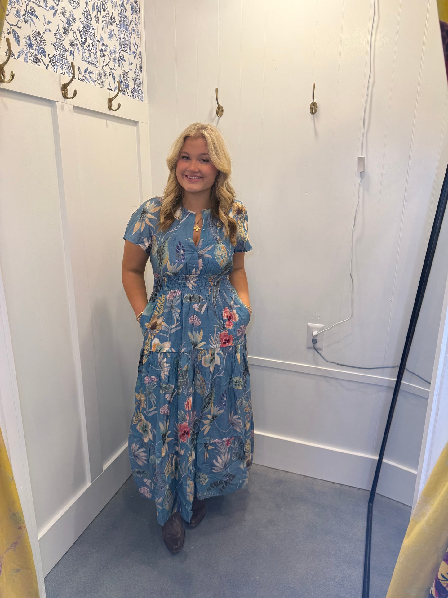 Floral Print Split Neck Tiered Maxi Dress