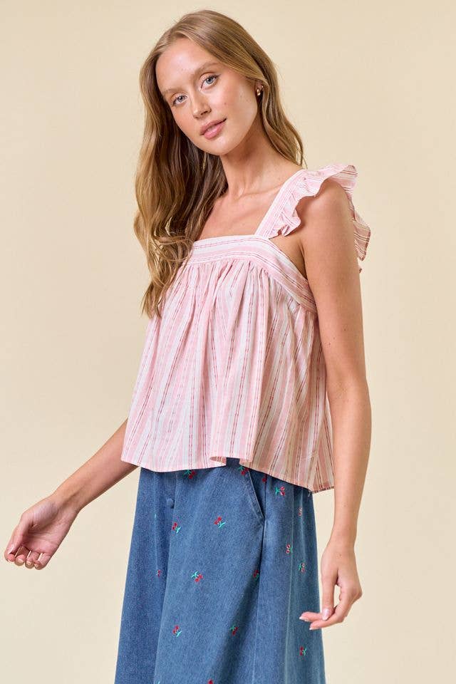 Striped Ruffle Cap Sleeve Top W/ Tie Back Detail