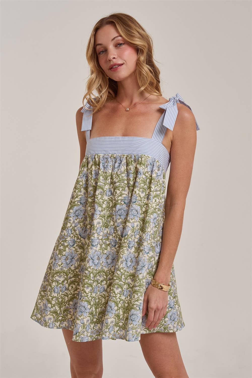 FLORAL BABYDOLL A LINE MINI DRESS WITH STRIPE TIE STRAP