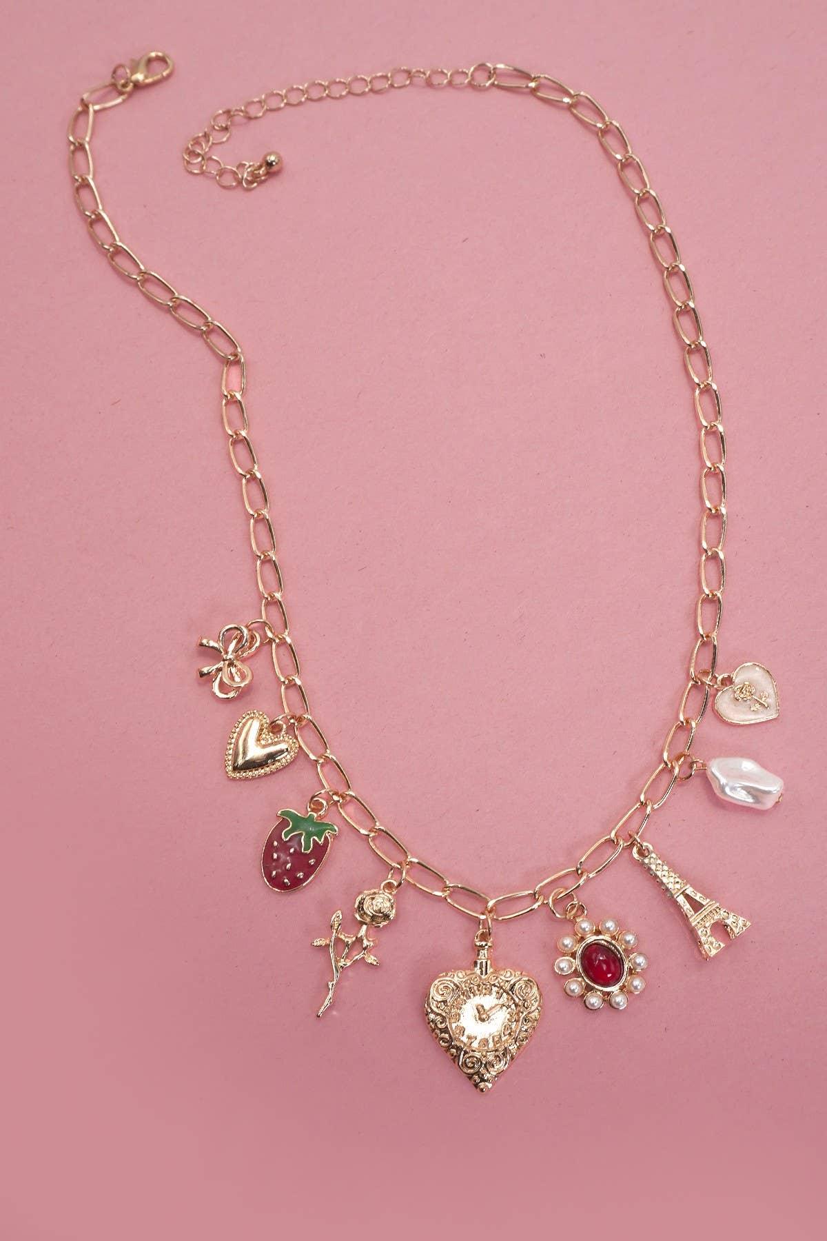 CHARM NECKLACE-HEART BOW ROSE STRAWBERRY EIFFEL