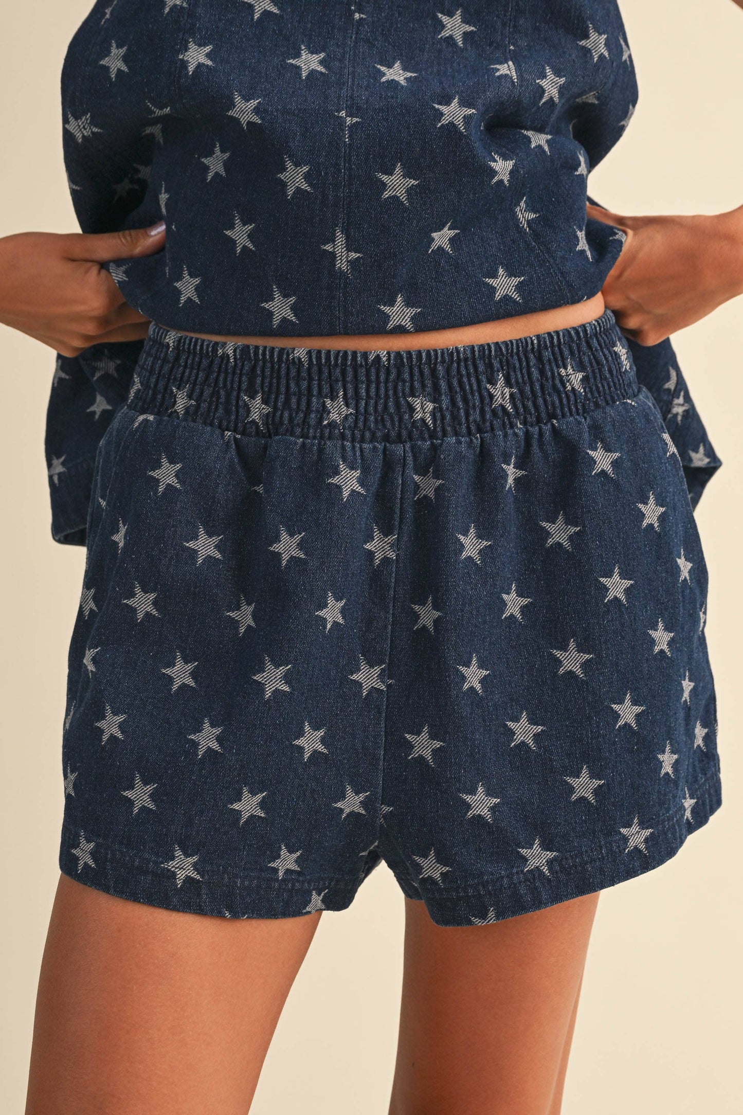 STAR DENIM TRAPEZ SLEEVELESS TOP AND SHORTS