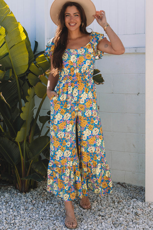 Floral Allover Print Shirred Cut Out High Waist Jumpsuit