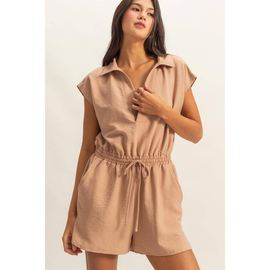 Collared Romper with Buttonless Placket