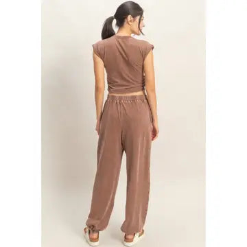 Rolled Sleeve Wrap-Front Crop Top And Jogger Set (Sold As Separates)