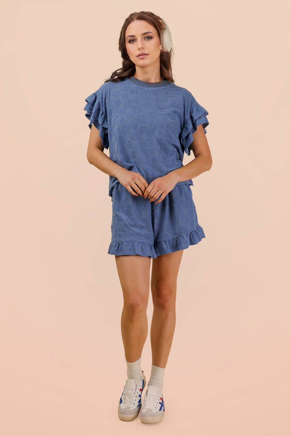 Floral Textured Ruffled Knit Top & Shorts Set (Sold as Separates)