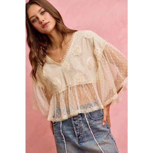 FLORAL APPLIQUE LACE FLOWY V NECK BLOUSE TOP