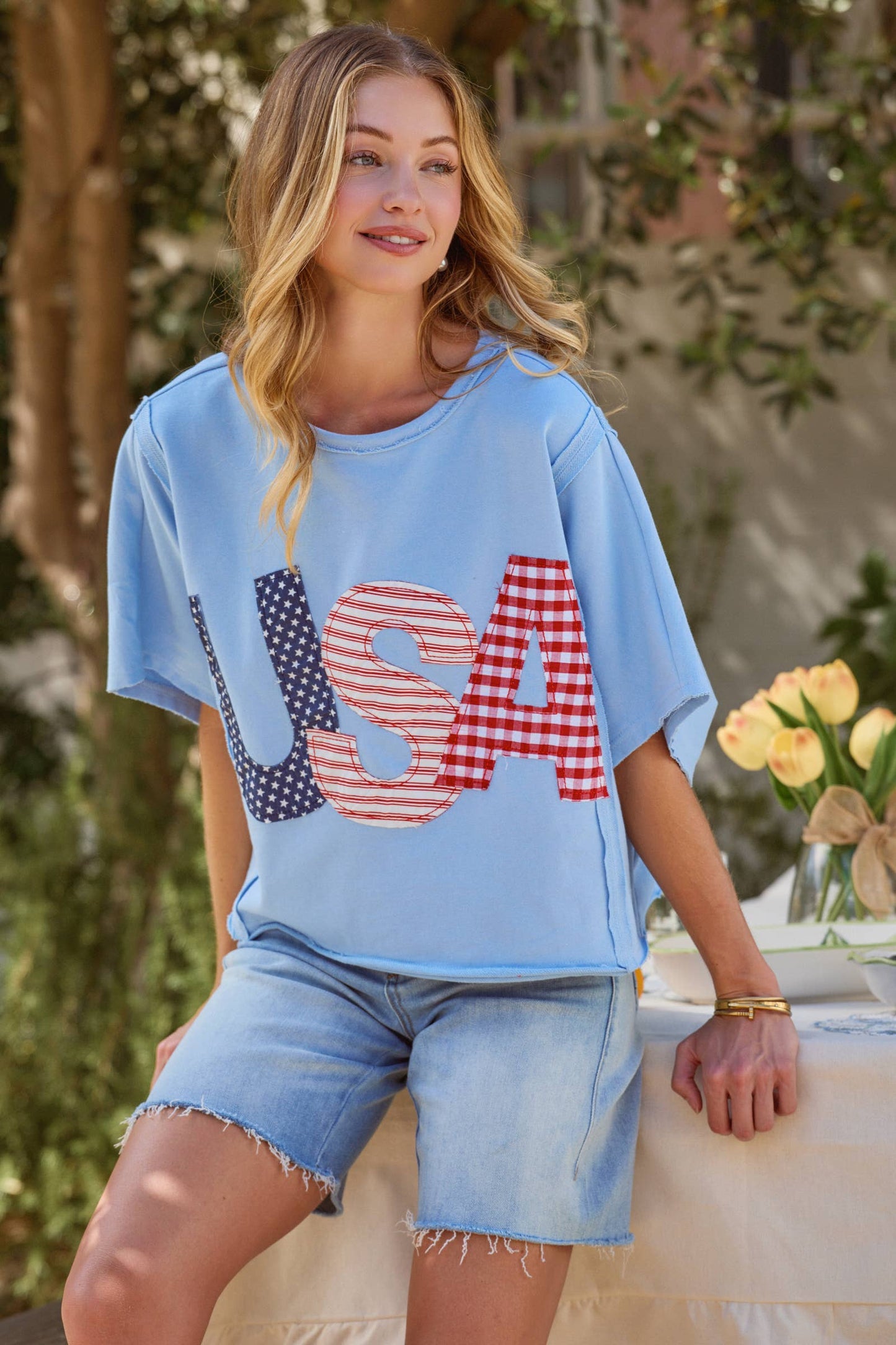 BIG USA LETTER PATCH OVERSIZED 4TH OF JULY KNIT TOP