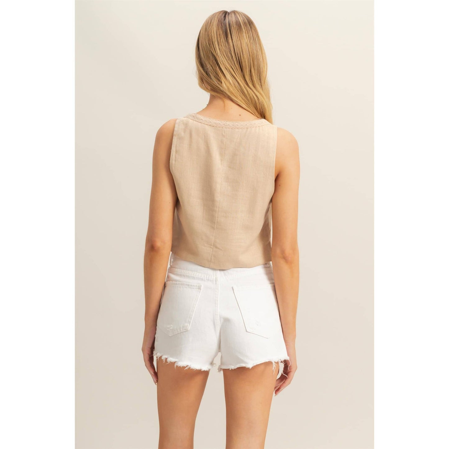 Sweetheart Neck Front Tie Sleeveless Linen Top