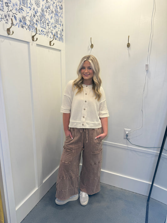 WAFFLE KNIT BUTTON DOWN SHORT SLEEVE CARDIGAN