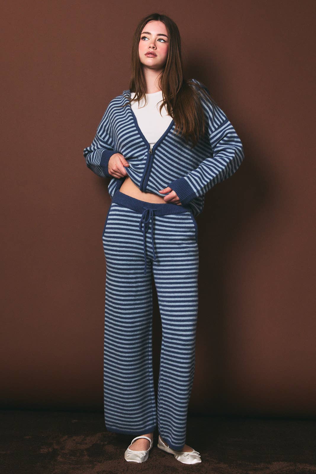 Striped Zip Up Knit Sweater Hoodie