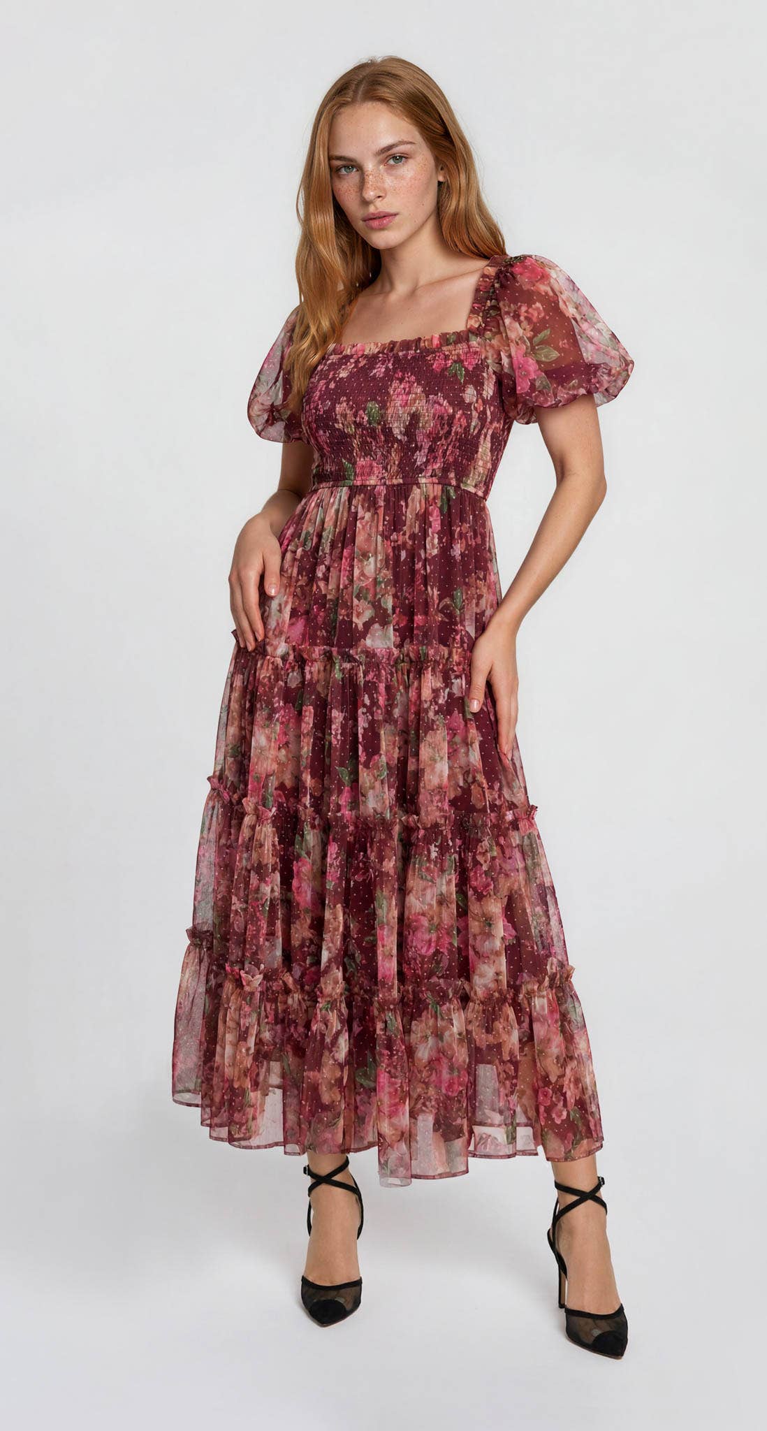 FLORAL POLKA DOT TULLE PUFF SLEEVE MIDI DRESS