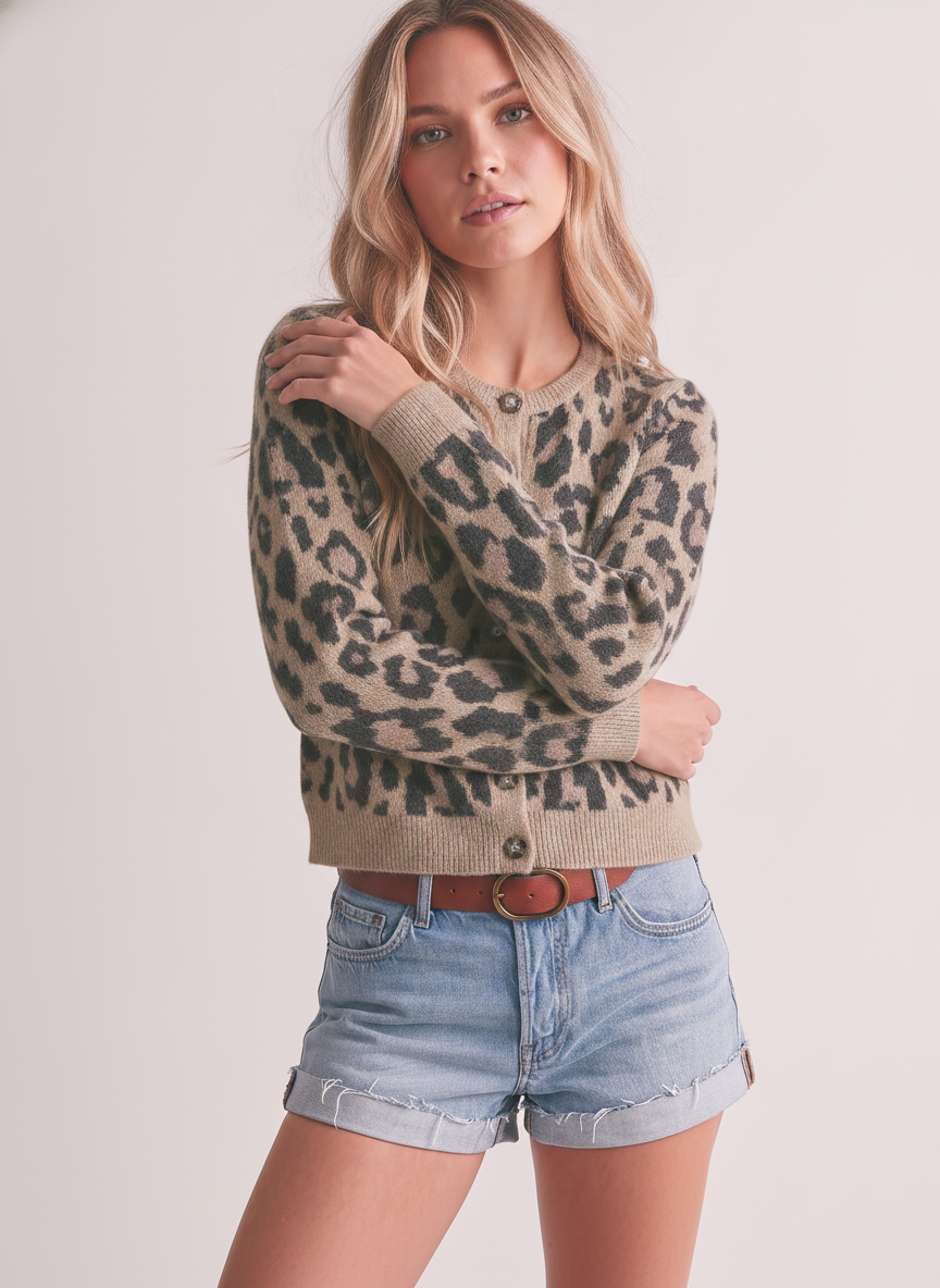 LEOPARD ROUND NECK BUTTON DOWN SHORT CARDIGAN
