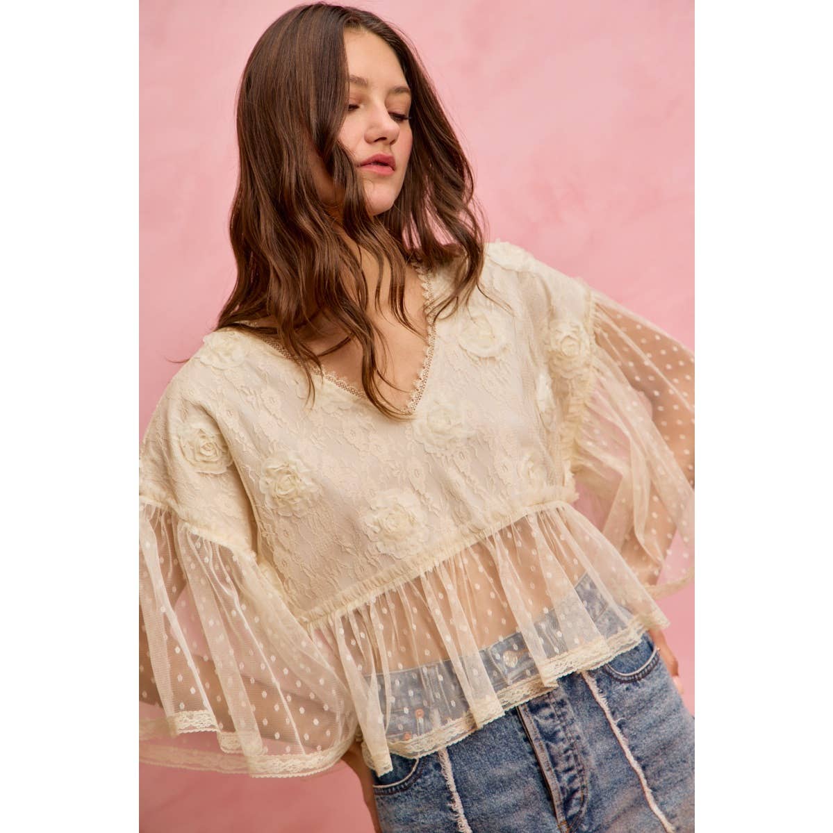 FLORAL APPLIQUE LACE FLOWY V NECK BLOUSE TOP