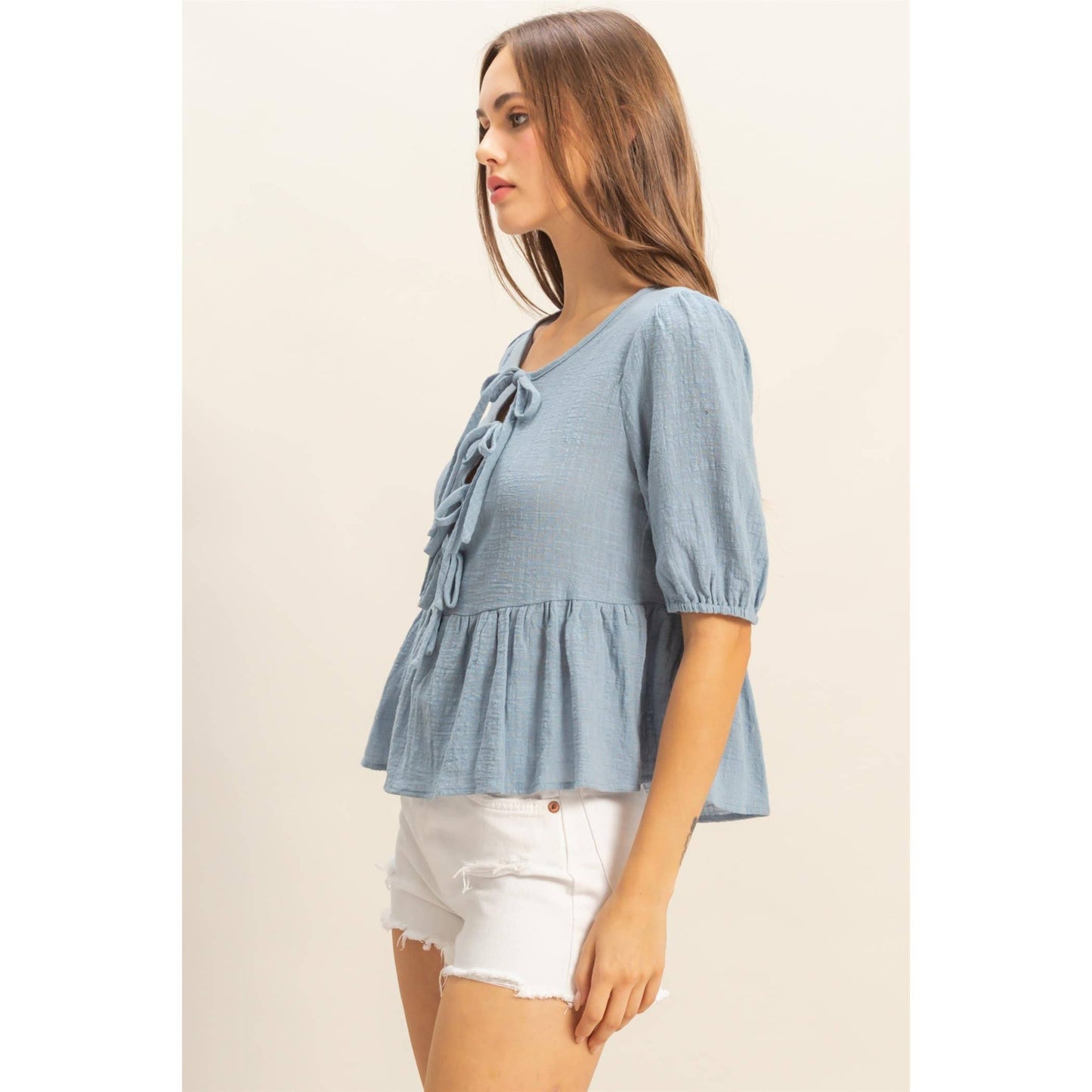 Puff Sleeve Ribbon Tie Peplum Blouse