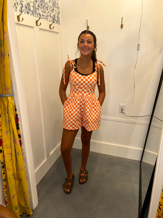 Checker Denim Print Shoulder Strap Tie Denim Romper
