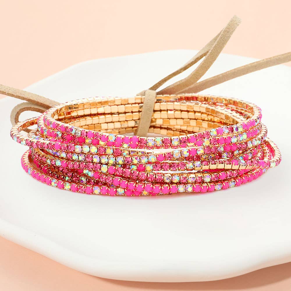 12PCS - Ribbon Pearl Rhinestone Layered Stretch Bracelets