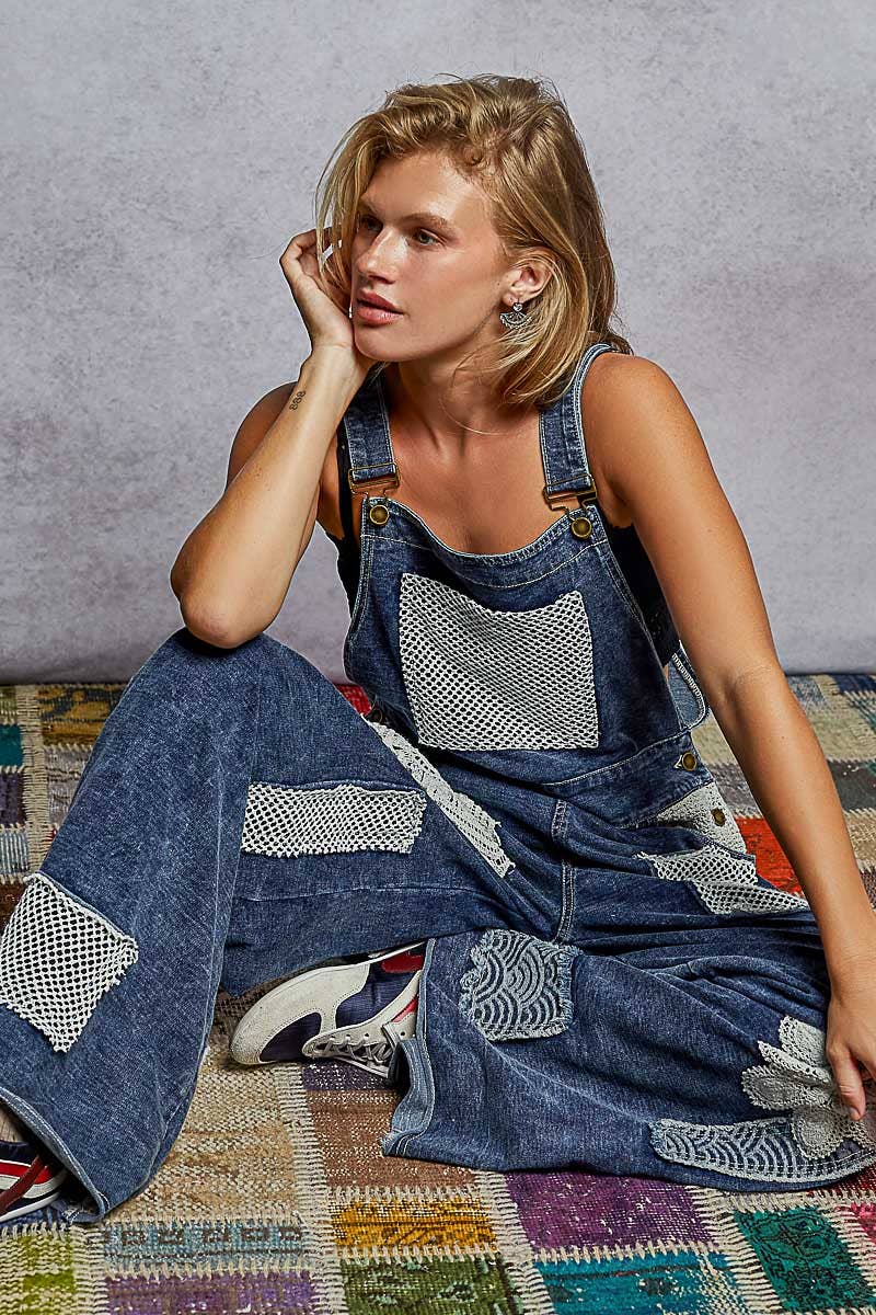 Crochet Contrast Patch Detail Chest Pocket Woven Overalls