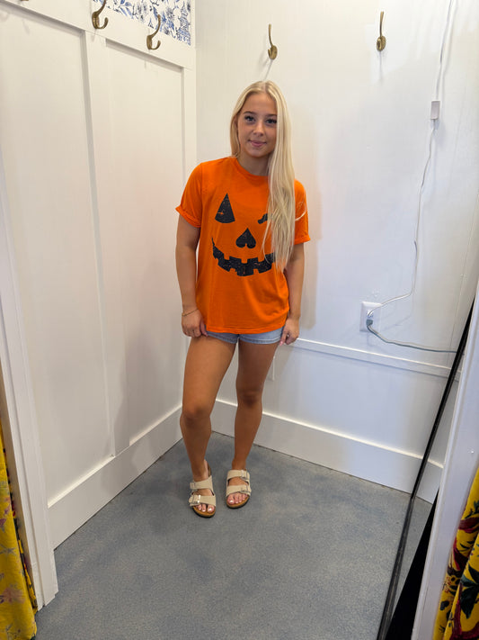 Halloween Pumpkin Face Print Crew Neck T Shirt