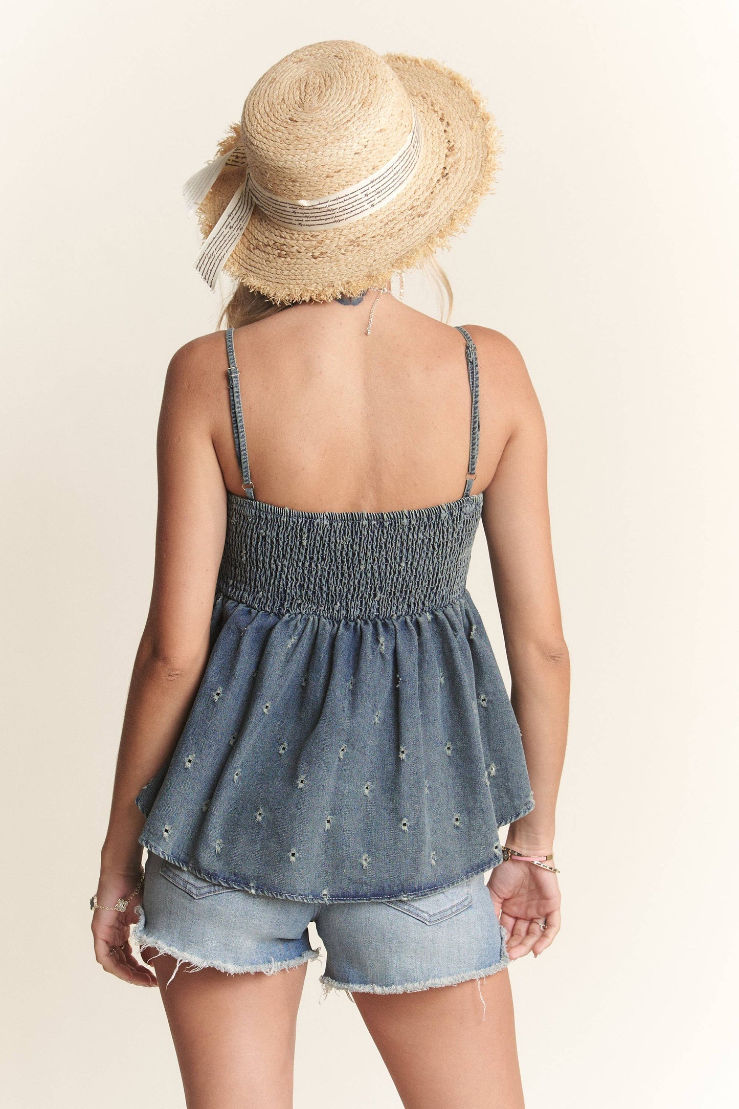 BOW ACCENT DISTRESSED WASHED DENIM TOP