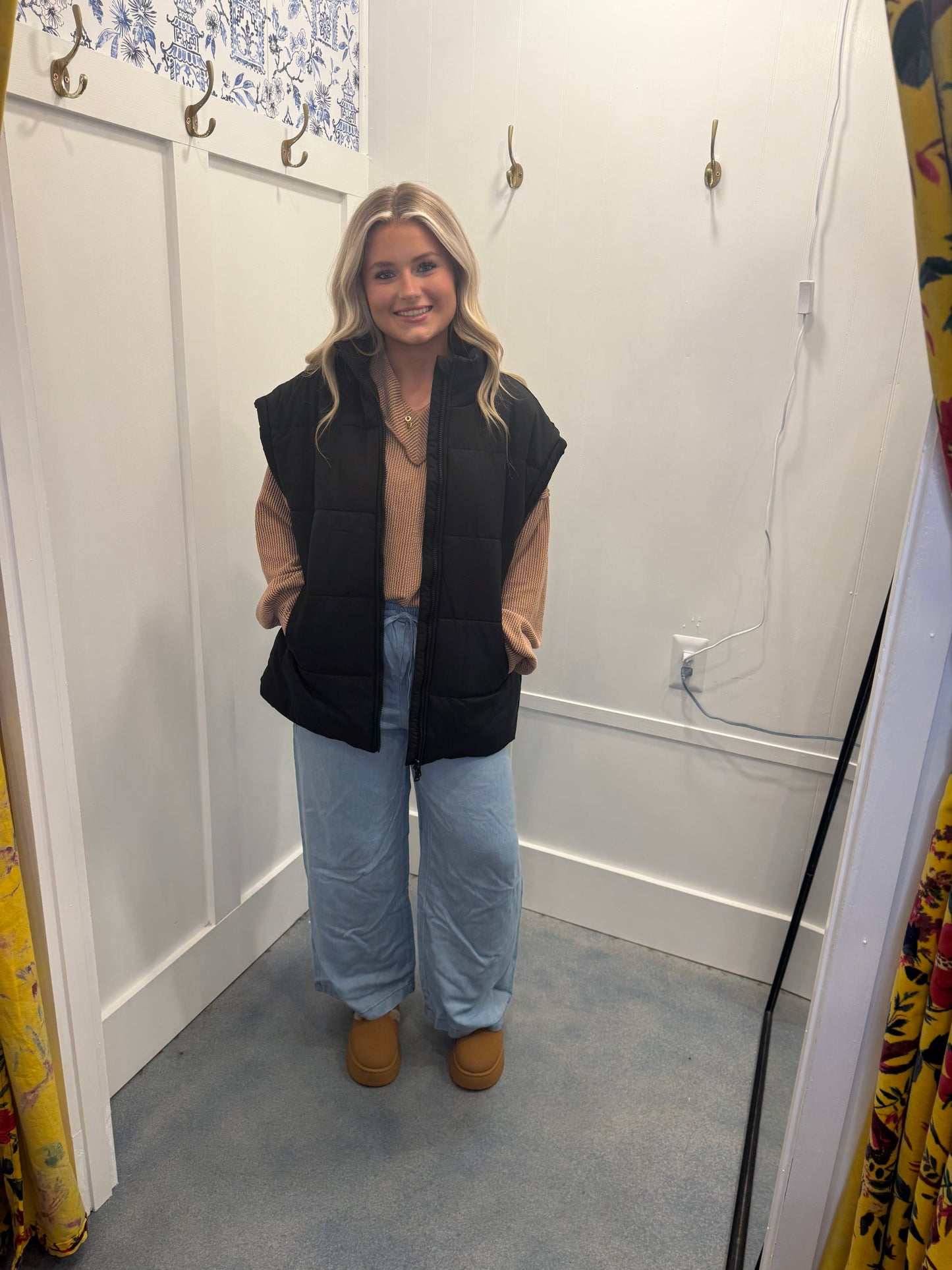 Solid/Floral Print Zipper Stand Neck Oversized Puffer Vest