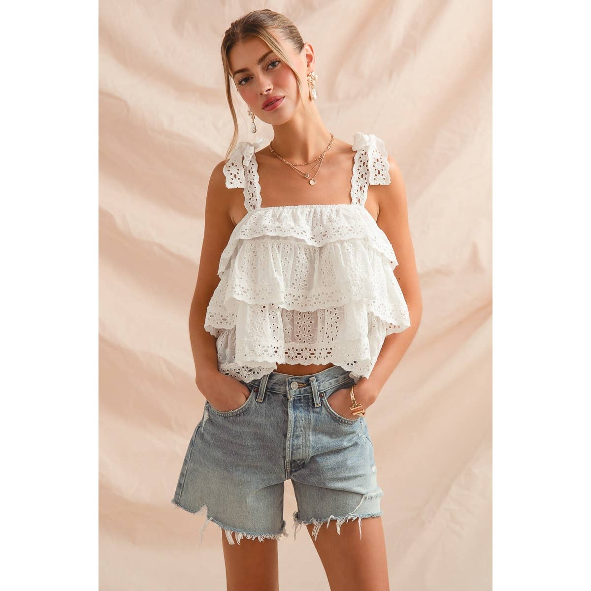 EYELET TIERED LACE TRIM TOP WITH LACE TRIM TIE