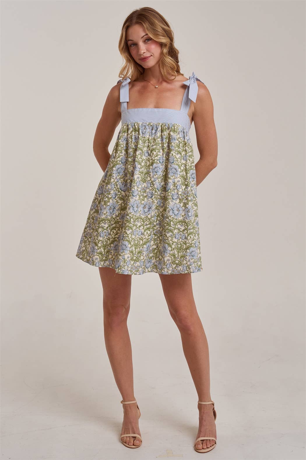 FLORAL BABYDOLL A LINE MINI DRESS WITH STRIPE TIE STRAP