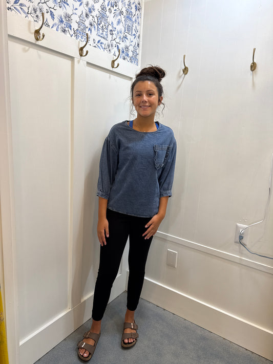 3/4 Sleeve Ruffled Patched Pocket Denim Blouse