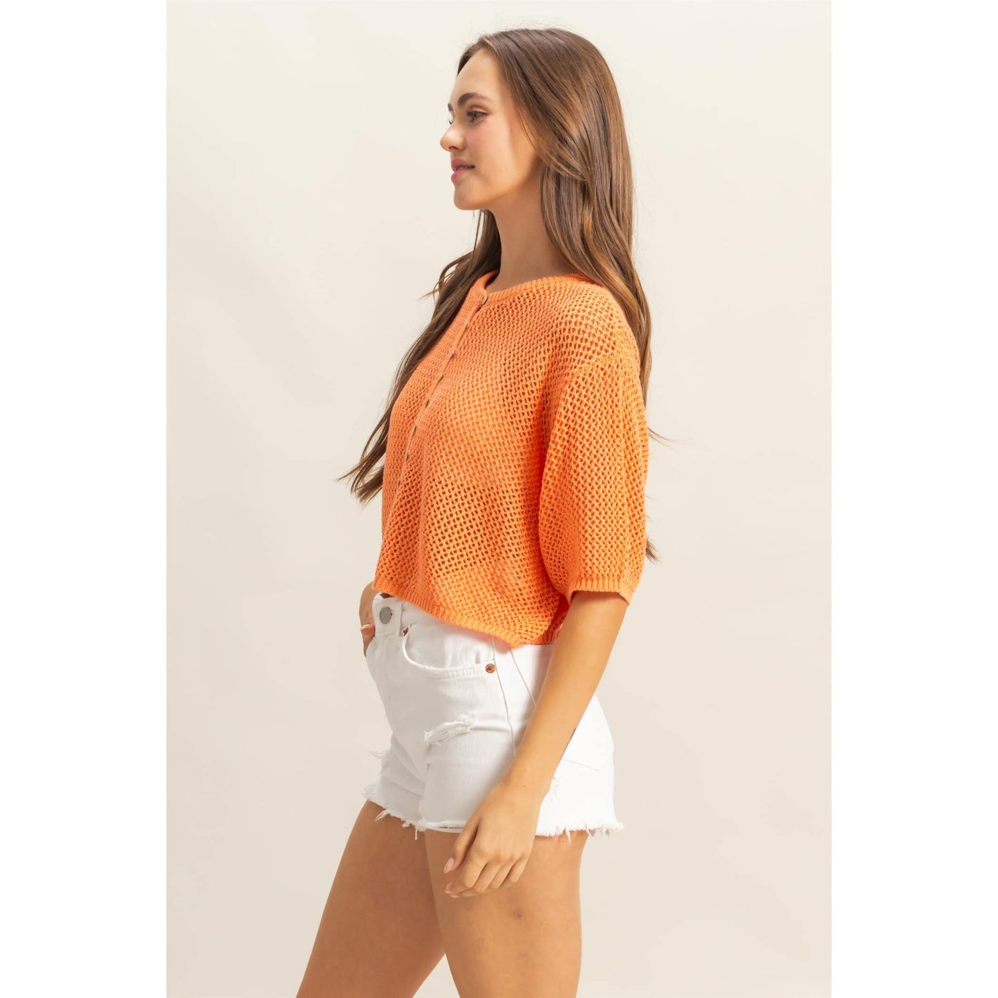 Open Stitch Button Front Loose Top