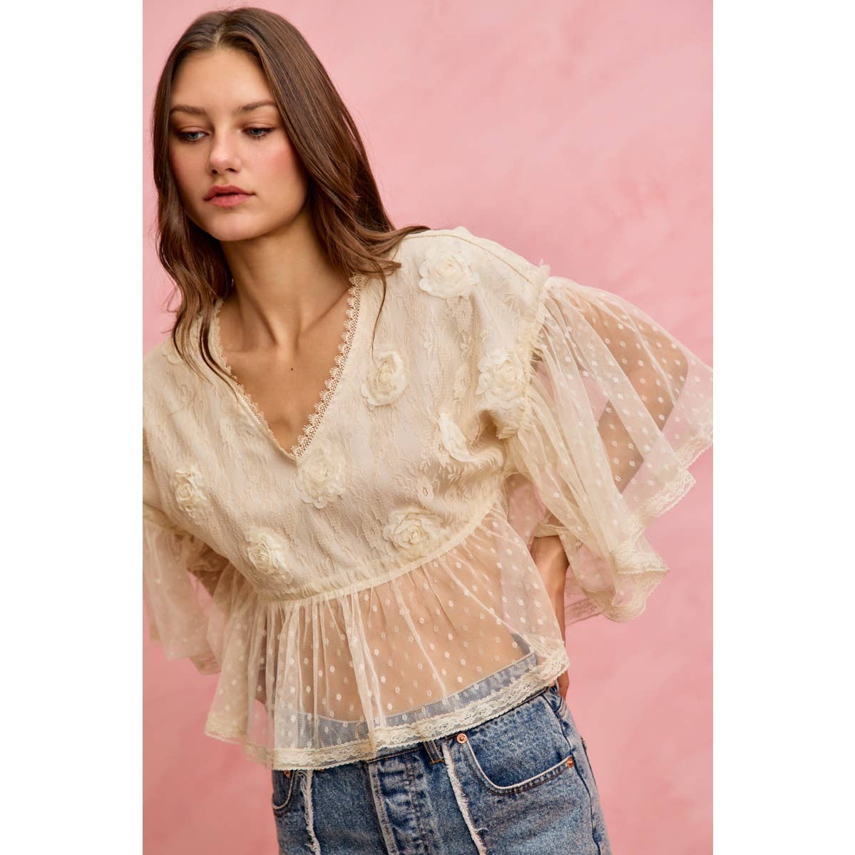 FLORAL APPLIQUE LACE FLOWY V NECK BLOUSE TOP