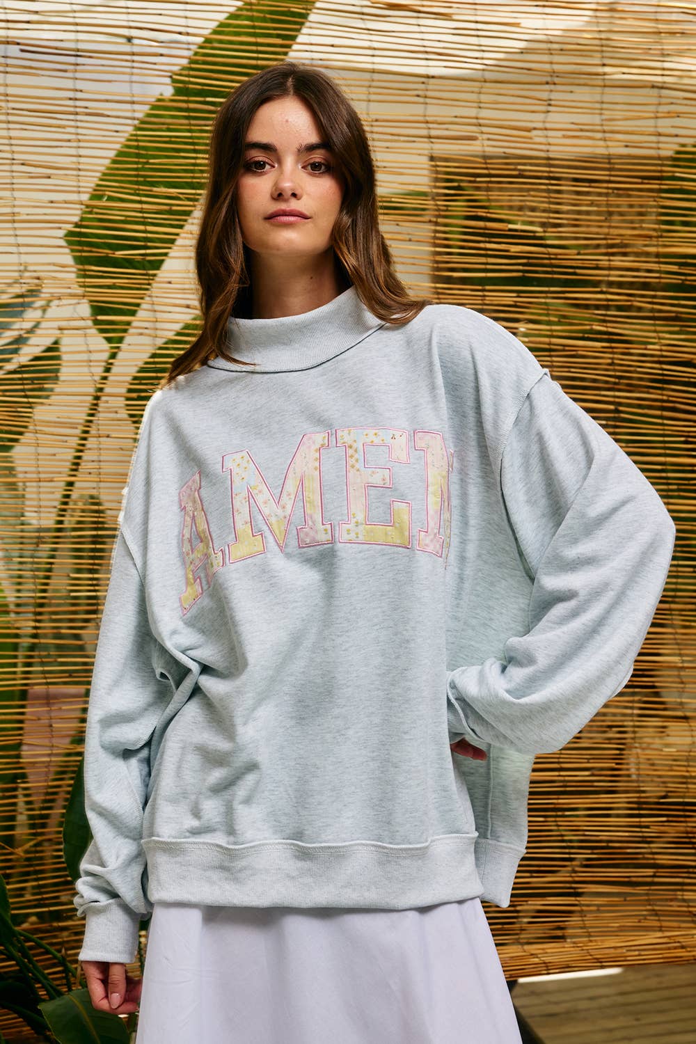 "AMEN" Patchwork Mock Neck Sweatshirt