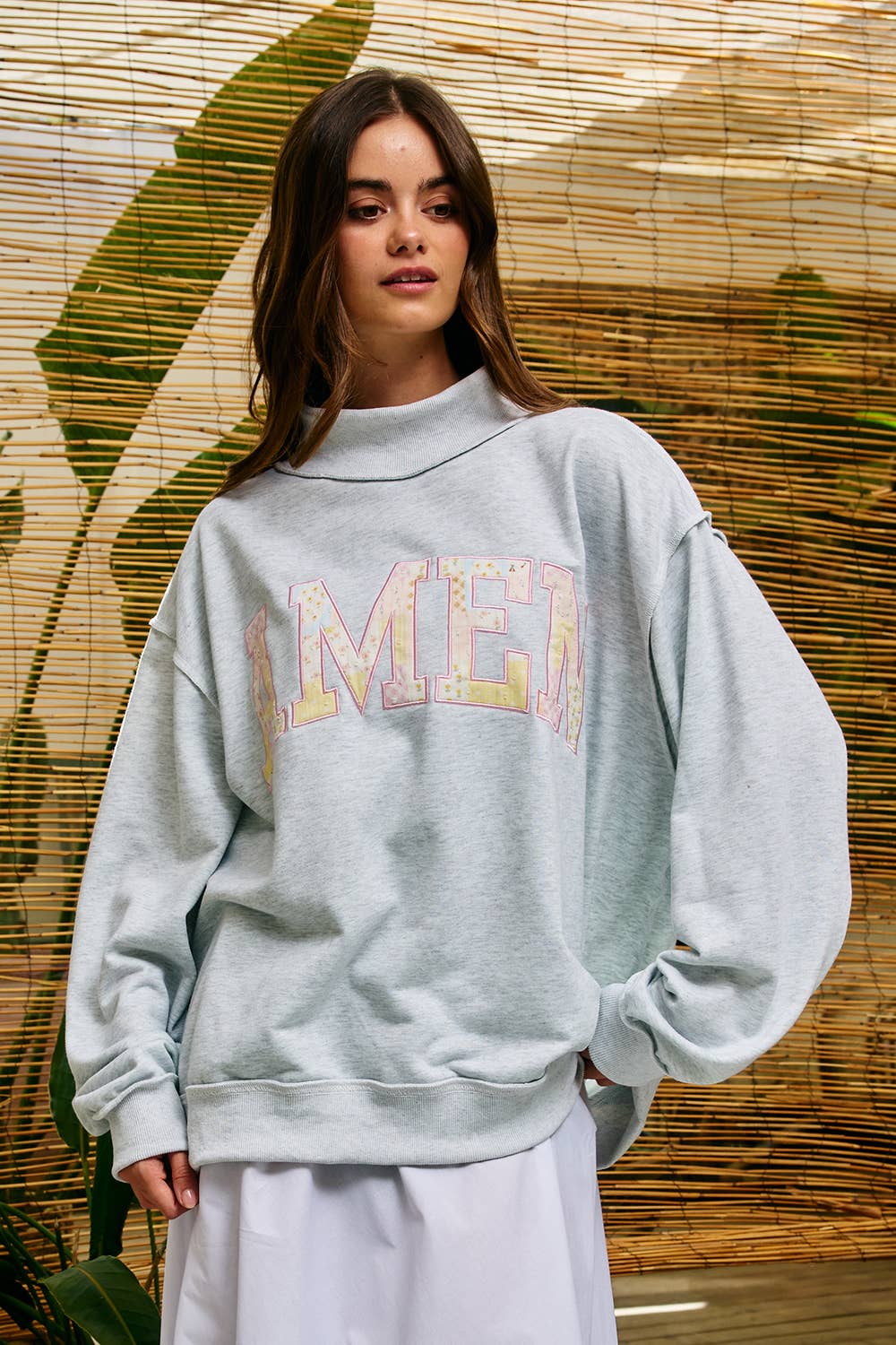 "AMEN" Patchwork Mock Neck Sweatshirt