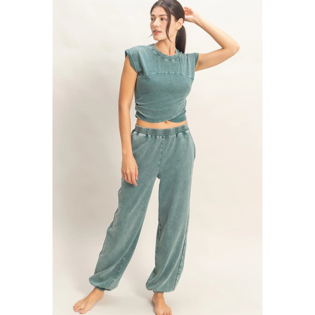 Rolled Sleeve Wrap-Front Crop Top And Jogger Set (Sold As Separates)