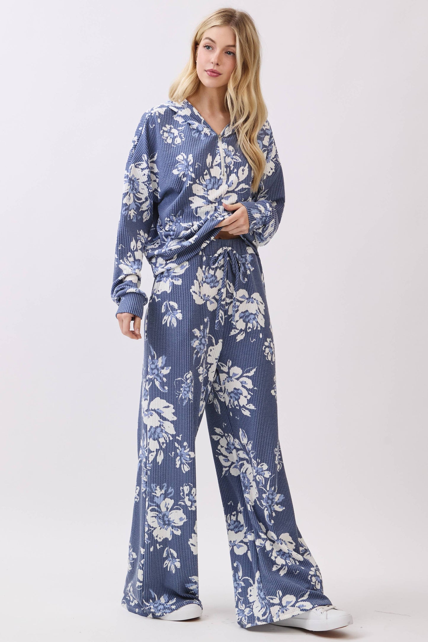 Floral Print Rib Knit Wide-Leg Pants