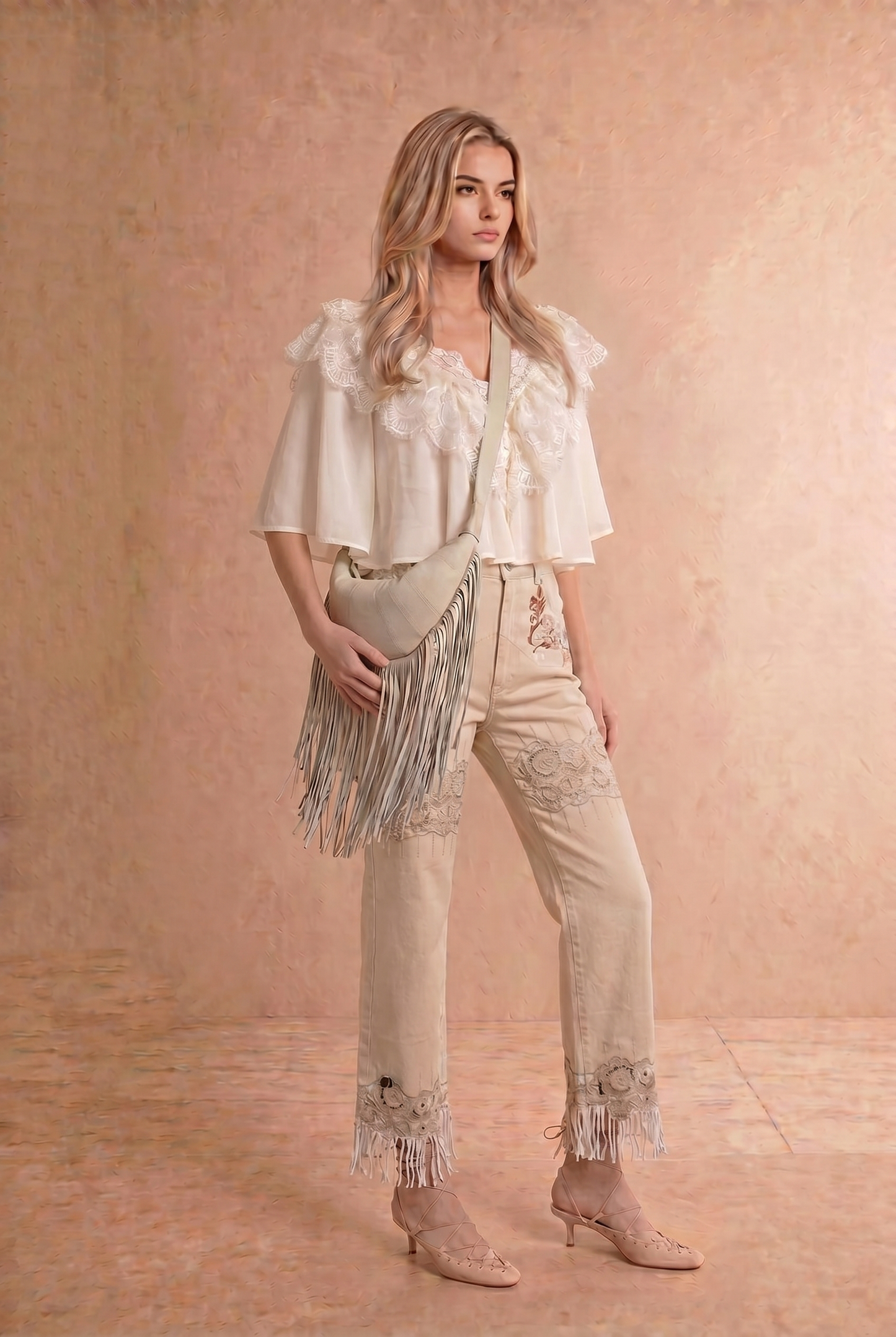 Chiffon Lace Shoulder Cape Like Crop Blouse Top